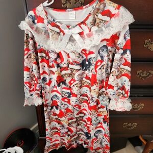 Festive Cat Print Kids Nightgown - Red and White